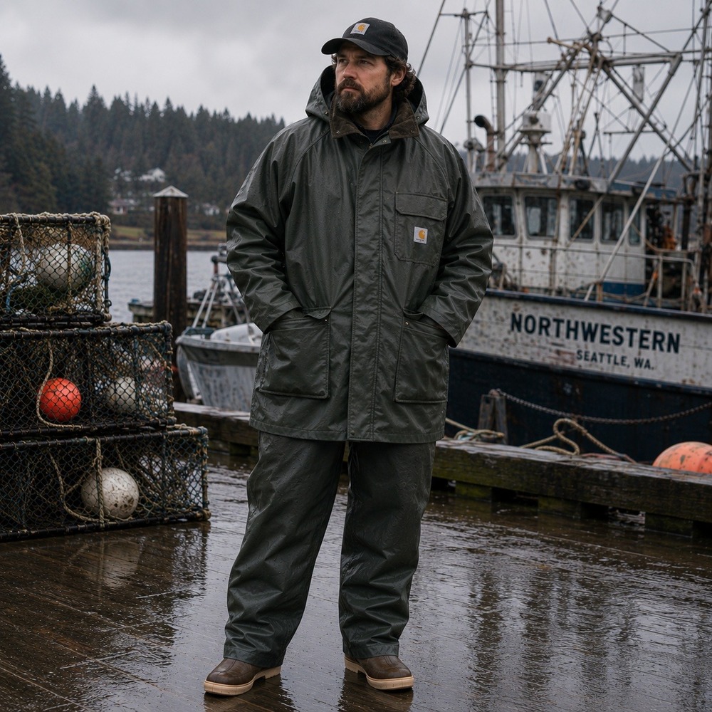 Carhartt Surrey Rain Coat Hooded Waterproof Fishing Workwear Jacket Green Medium